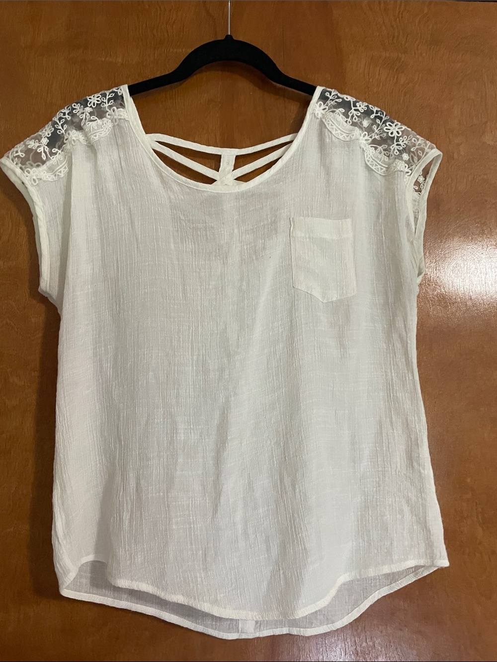 Cream Lace-Shoulder Top with Crisscross Back By Mine Size L